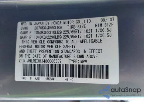 2008 Honda Cr-V Lx z USA, uszkodzony, nr VIN JHLRE38348C006339